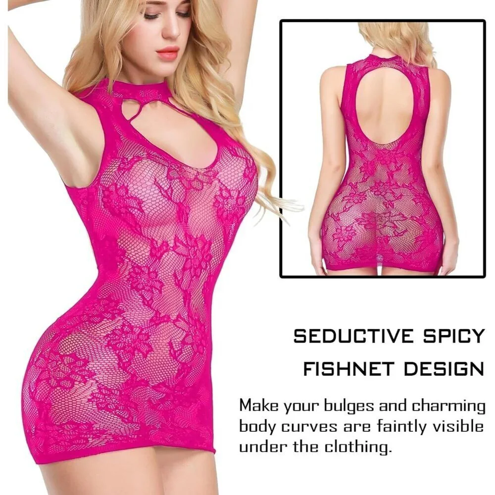 WOMEN'S Fuchsia Sexy Naughty Fishnet Teddy Bodysuit Lingerie Babydoll Set